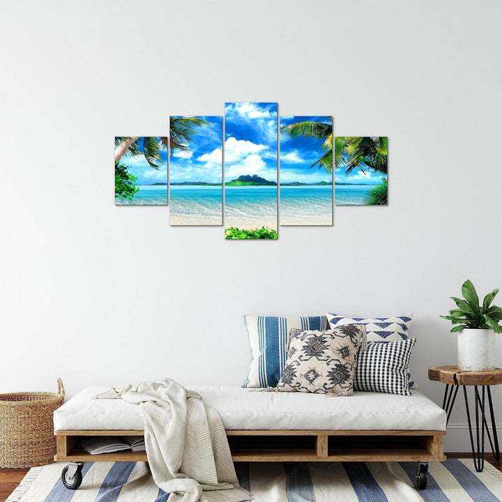 Runa Art Bild Schlafzimmer Wohnzimmer Strand Palmen 5 Teilig Meer Blau Beige Wandbilder auf Vlies Le