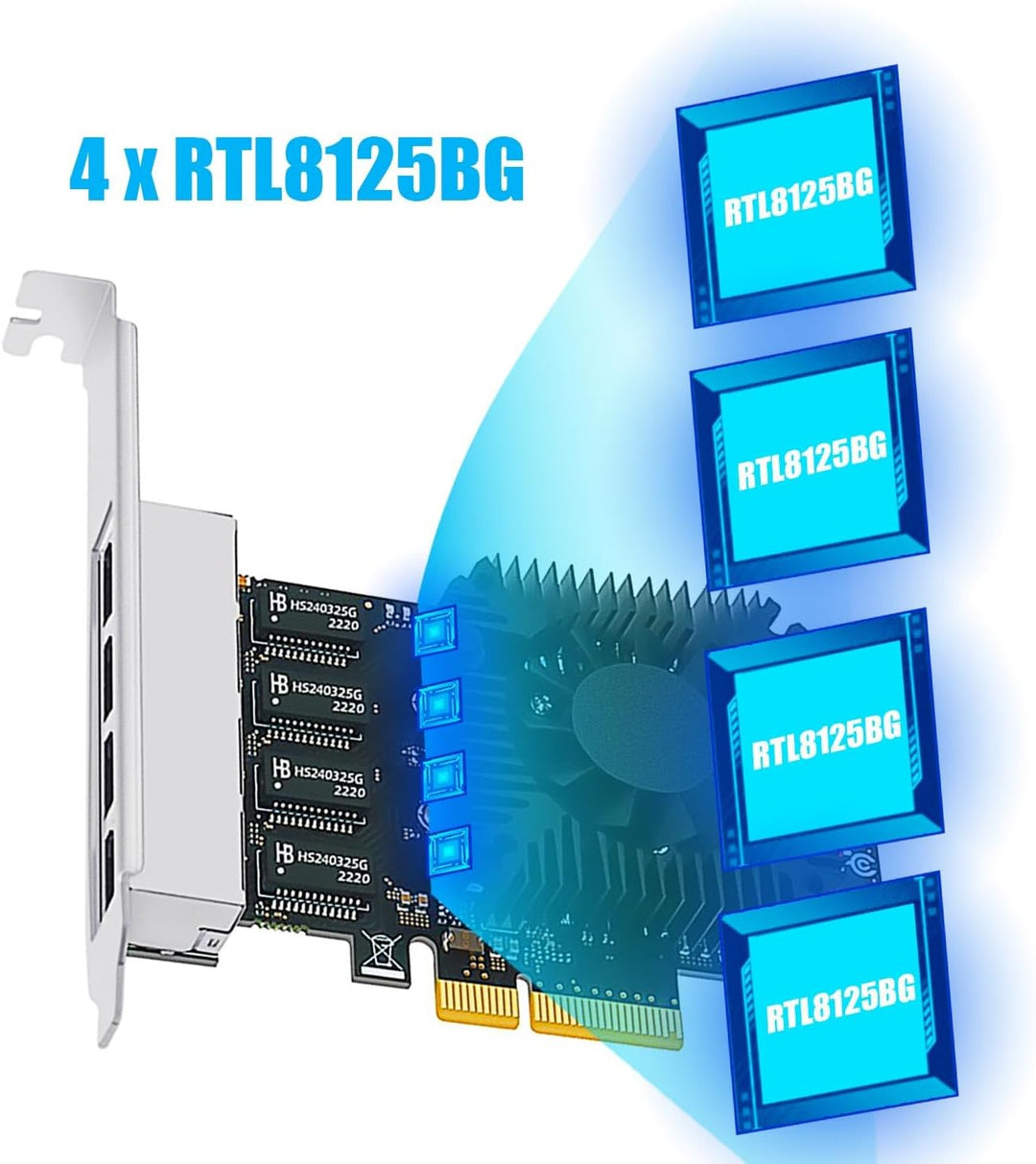 GLOTRENDS LE8245F 4-Port PCIe Ethernet Netzwerkkarte (Zwei 2.5Gbps Ports + Zwei 100/1000Mbps Ports),