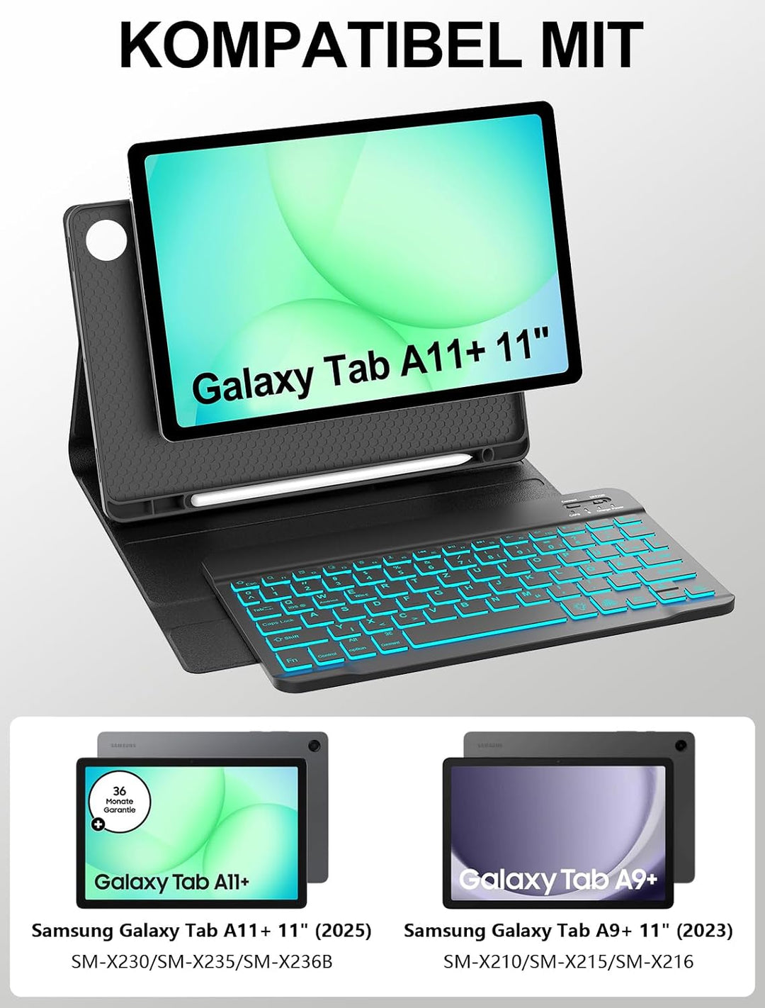 JADEMALL Für Galaxy Tab A11 Plus 11" Hülle mit 7-Farben LED Beleuchtung Tastatur - Abnehmbares Keybo