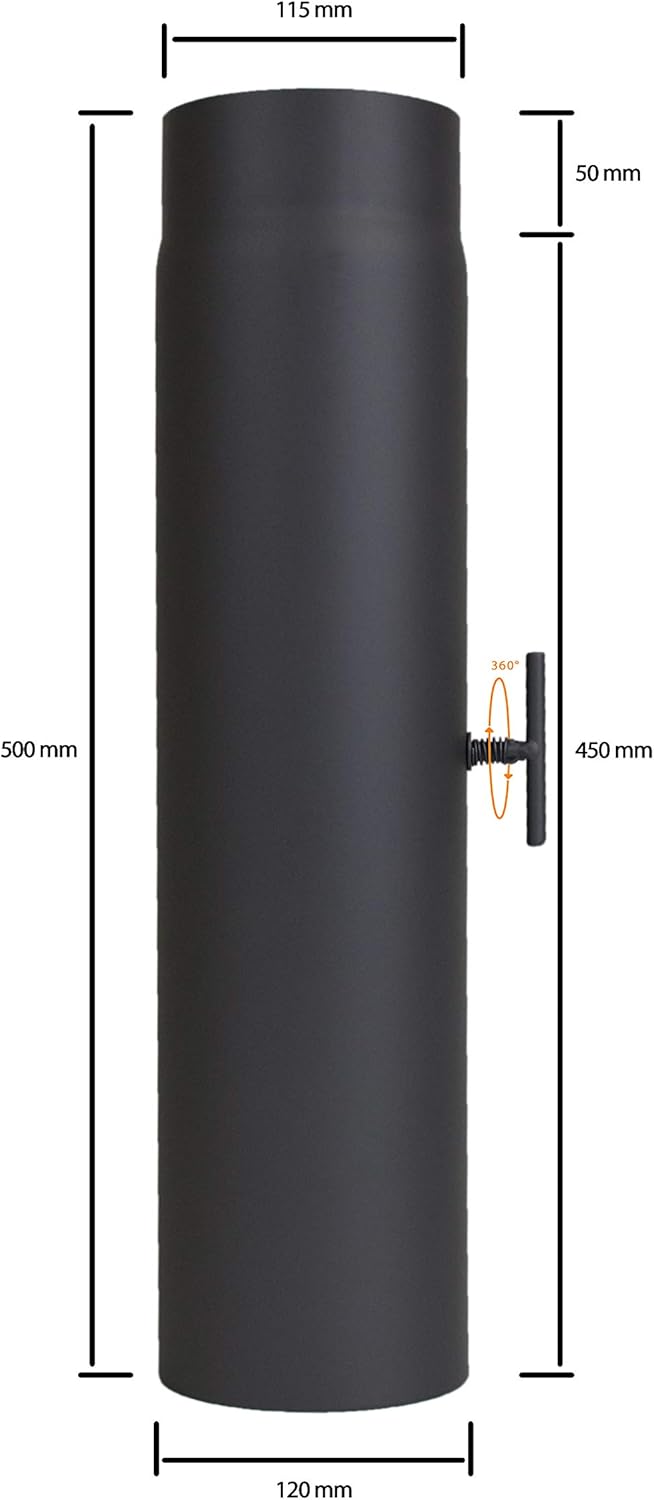 Ofenrohr 500 mm Verlängerung mit Drosselklappe - im Durchmesser Ø 120 mm - Farbe: schwarz - Rauchroh