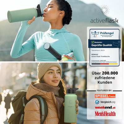 Trinkflasche Edelstahl ACTIVE FLASK + Strohhalm (3 Deckel) BPA-frei, Auslaufsicher, Kohlensäure geei