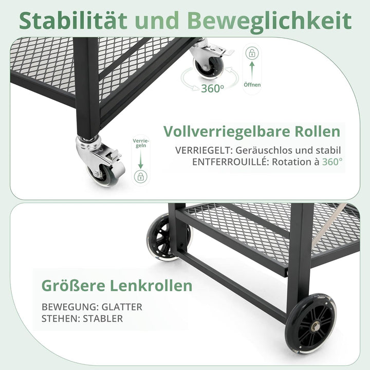LUE BONA Grillwagen Zusammenklappbar,Grilltisch mit 2 Ablagen,Outdoorküche Beistelltisch auf Rädern,