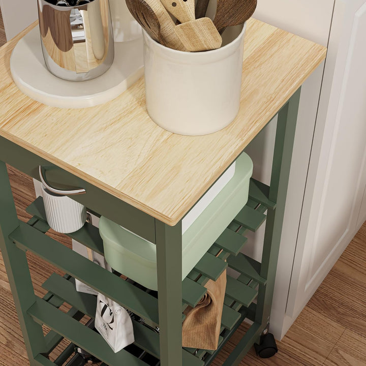 [en.casa] Servierwagen Biel Grün/Holzfarben 76 x 37 x 37 cm Küchenwagen Aufbewahrungsregal mit Rolle