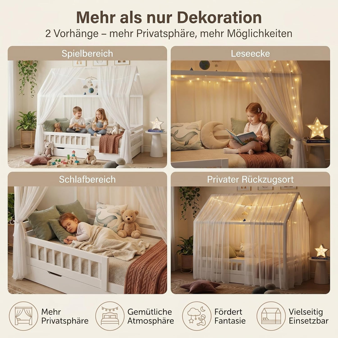Hausbett Himmel 2er Set – Kinderbett Vorhänge für Hausbett, Montessori Kinderzimmer Deko, Betthimmel