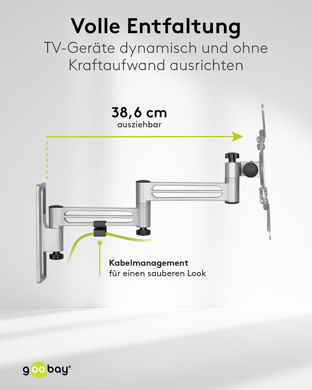 goobay TV-Wandhalterung Wohnmobil 13–43 Zoll, extra Langer Arm 38 cm, schwenkbar 180°, VESA 200x200,