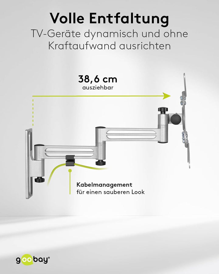 goobay TV-Wandhalterung Wohnmobil 13–43 Zoll, extra Langer Arm 38 cm, schwenkbar 180°, VESA 200x200,