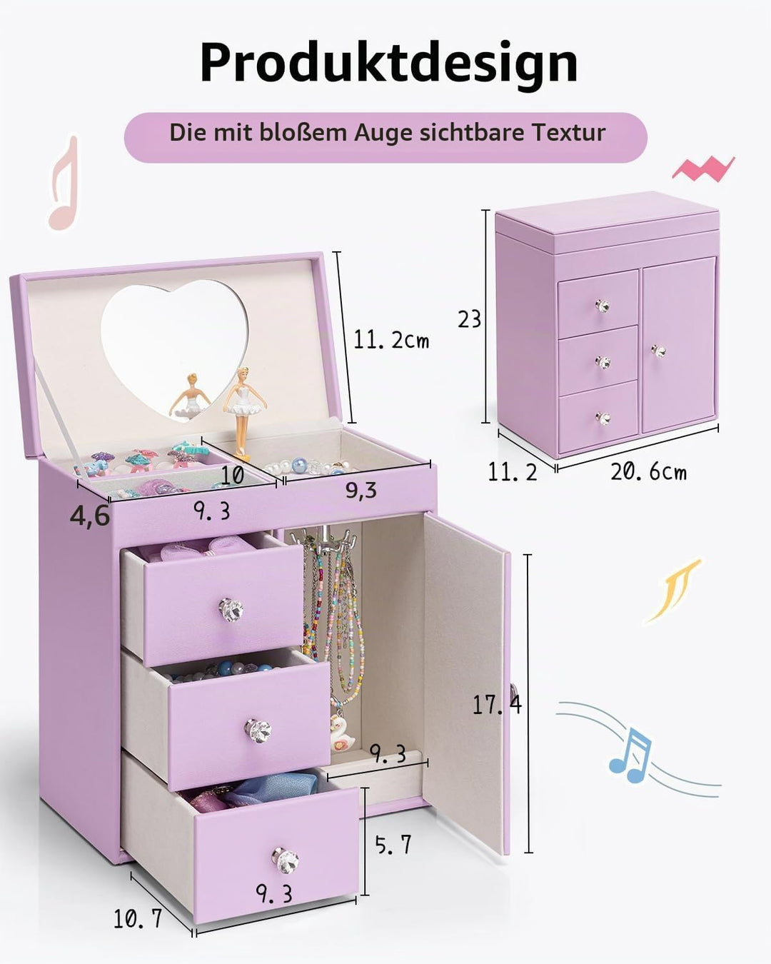 VLANDO Musical Schmuckkästchen Mädchen, grosses Kind Musik-Box mit Ballerina für Geburtstag Schlafzi