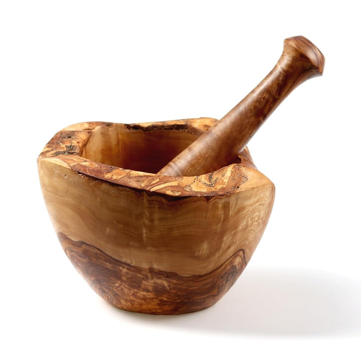 Bütic Olivenholz Mörser mit Stössel in verschiedenen Grössen, Artikel:Rustikal ca.15cm Ø mit Stössel