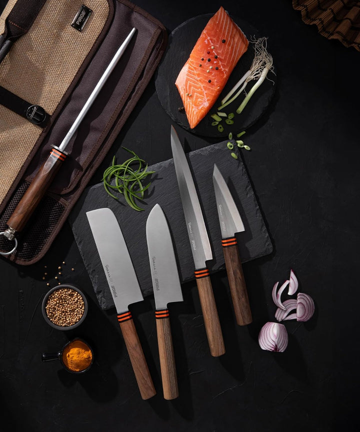 Pirge Titan Küchenmesser Set 5-teilig Santoku, Nakiri, Yanagiba, Honesuki - Rollbag einbezogen TITAN