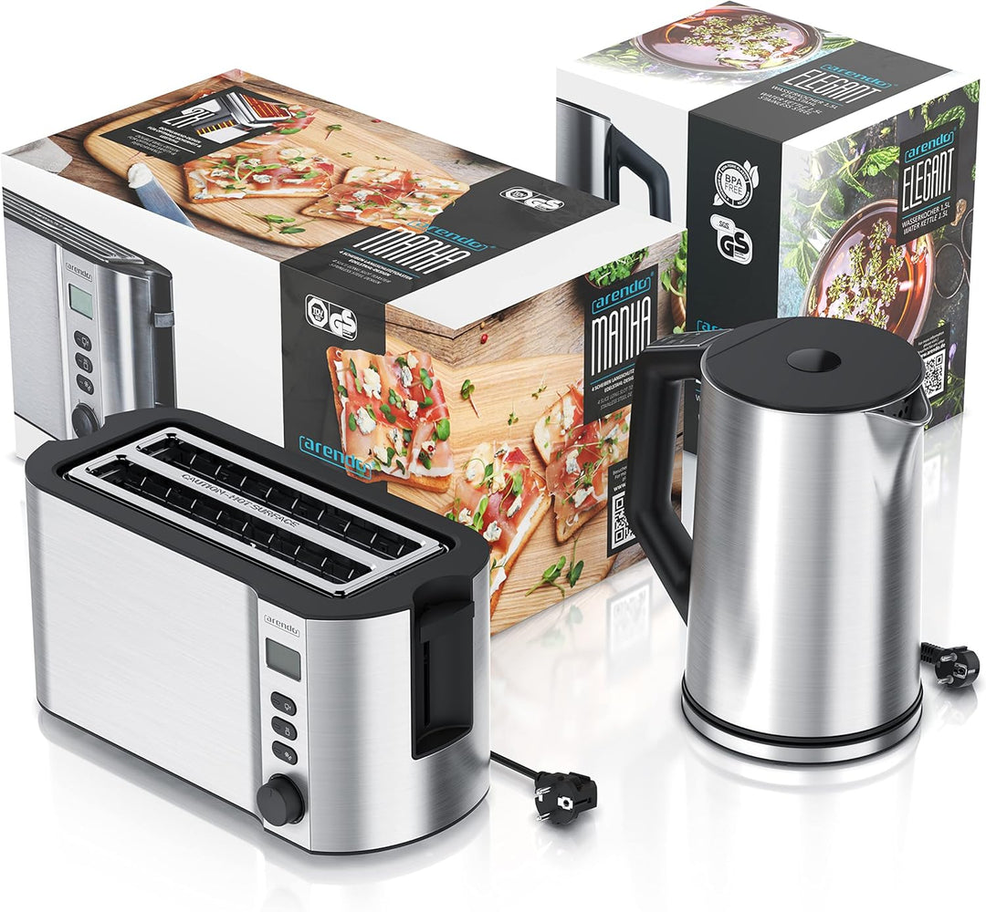 Arendo - Wasserkocher mit toaster SET Edelstahl Silber, Wasserkocher 1,5L, 40° - 100°C Warmhaltefunk