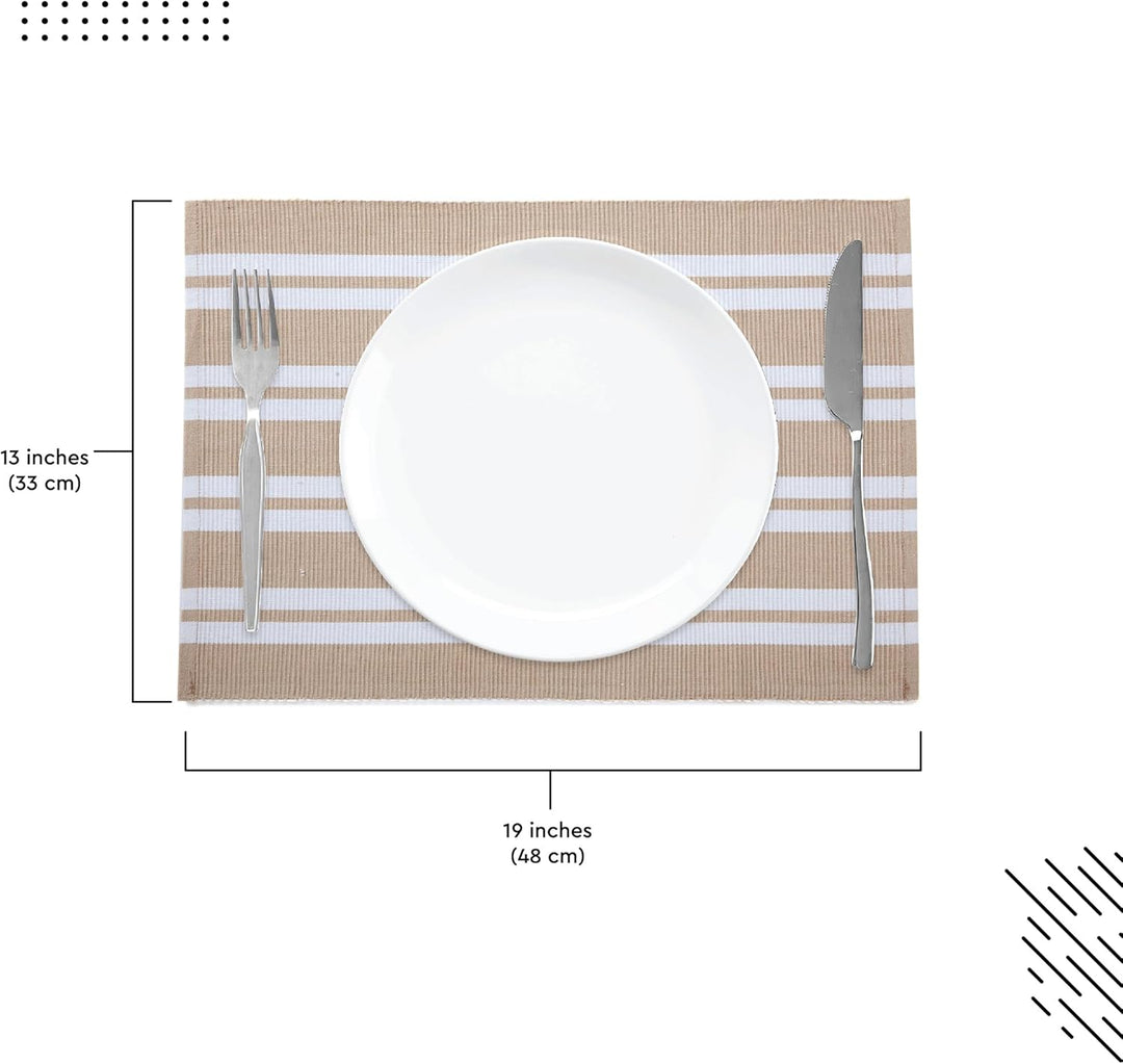 Encasa XO Platzsets Esstisch Set von 6 | Franca Beige Streifen | Fein gerippte Baumwoll-Tischunterla