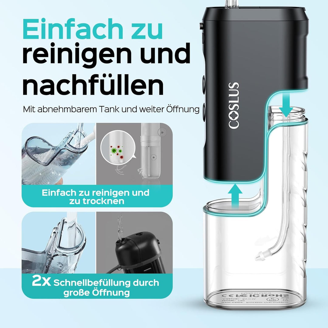 COSLUS Mini Elektrische Munddusche für Unterwegs: 4 Modi Kompaktes Design Abnehmbarer Wassertank für