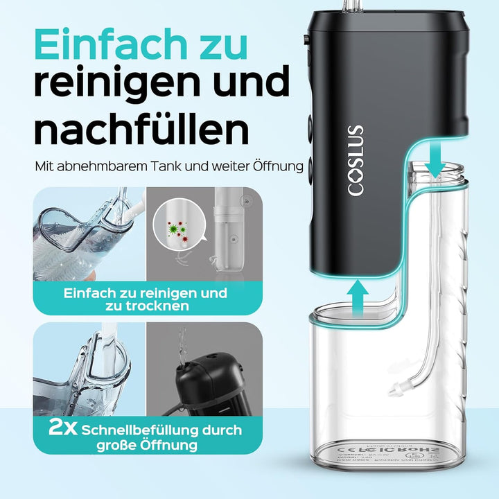 COSLUS Mini Elektrische Munddusche für Unterwegs: 4 Modi Kompaktes Design Abnehmbarer Wassertank für