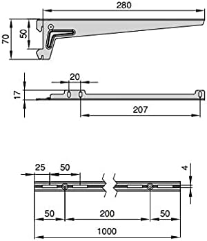Emuca - Wandbefestigungsschienen und Jagmet-Regalträger, 280, Weiss, Stahl 280mm Profil 1m + Stützen