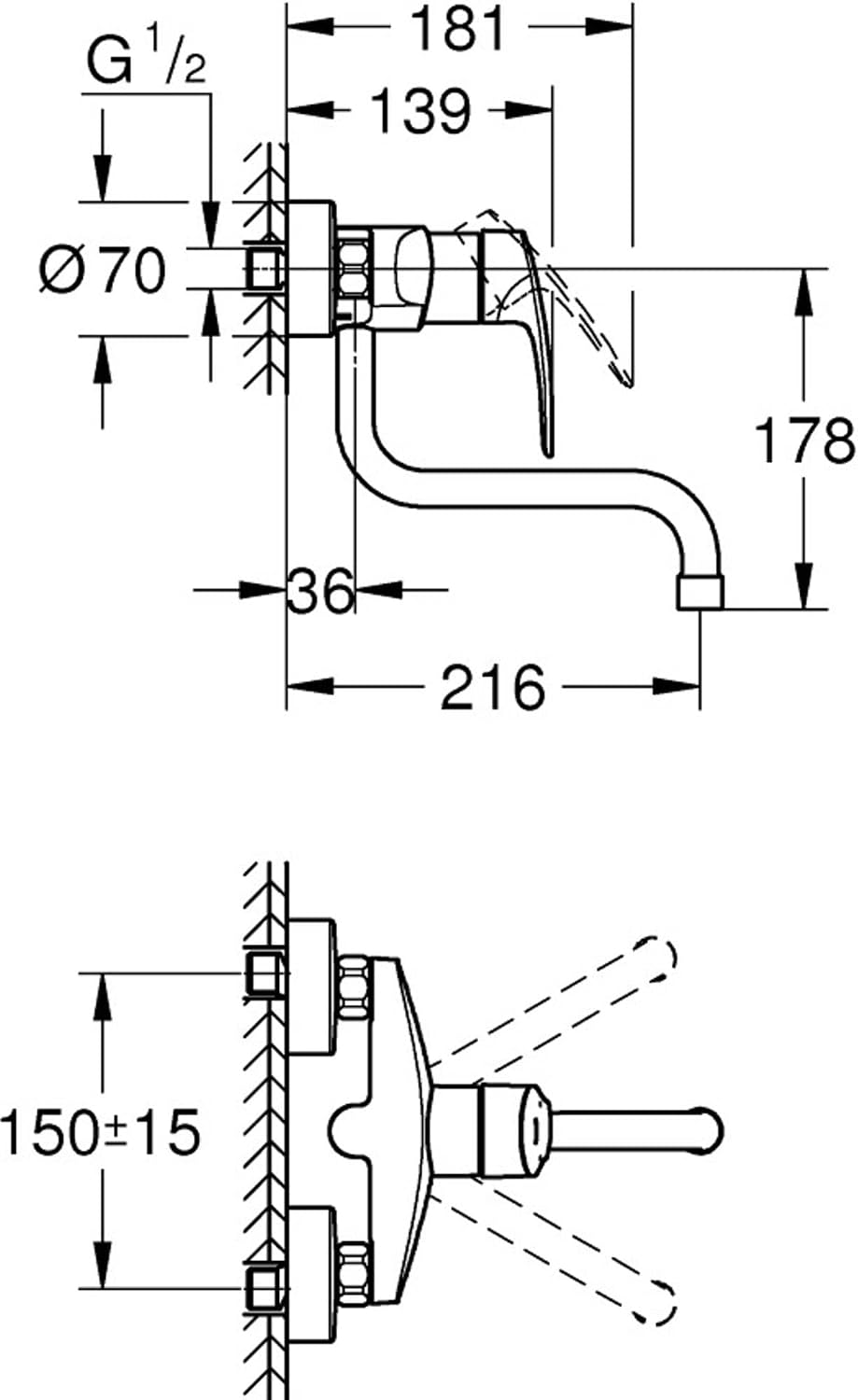 Grohe Wand-Spültisch-Einhebelmischer Eurosmart chr, schwenkb. Auslauf, Ausladung 216mm