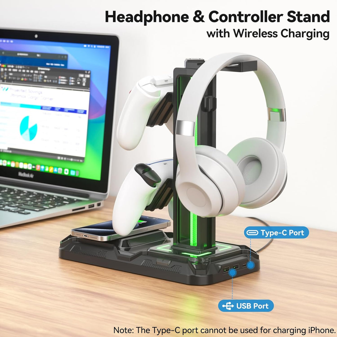 KDD Gaming Headset Halterung mit Wireless Ladegerät - Controller Halterung & Kopfhörer Ständer mit 9