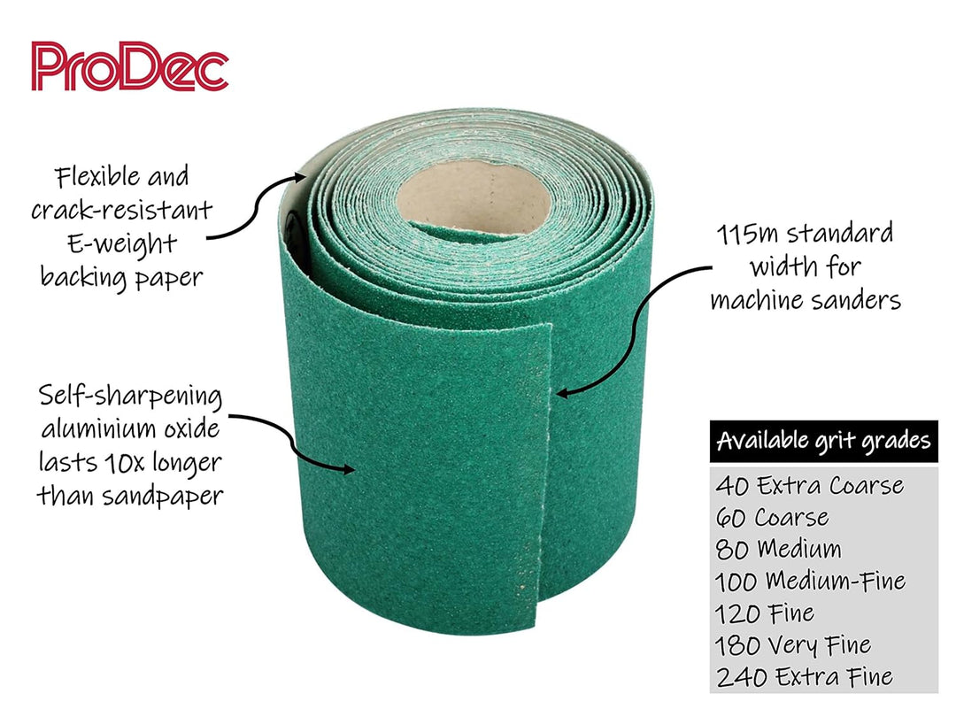 ProDec Schleifpapier, Körnung 120, fein, Aluminiumoxid, 50 m x 115 mm, Rolle, grün, PAALL120 Körnung