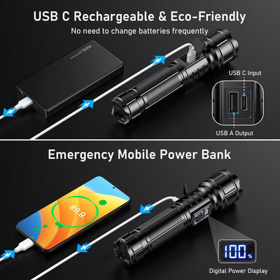 Blukar Taschenlampe LED USB C Wiederaufladbar, 500000 Lumen Extrem Hell Taschenlampen Zoombare Takti