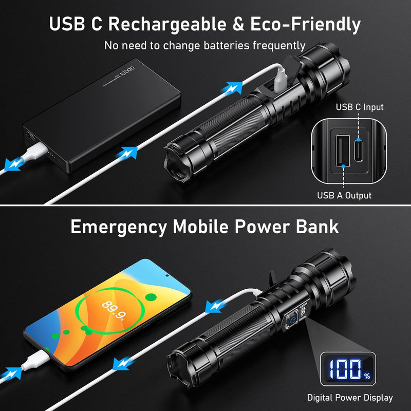 Blukar Taschenlampe LED USB C Wiederaufladbar, 500000 Lumen Extrem Hell Taschenlampen Zoombare Takti