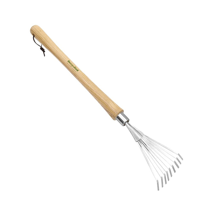 Berry&Bird Hand-Fächerbesen lang 63,2 cm - Rechen mit Stiel aus Eschenholz, Gartenwerkzeug mit 9 Fla
