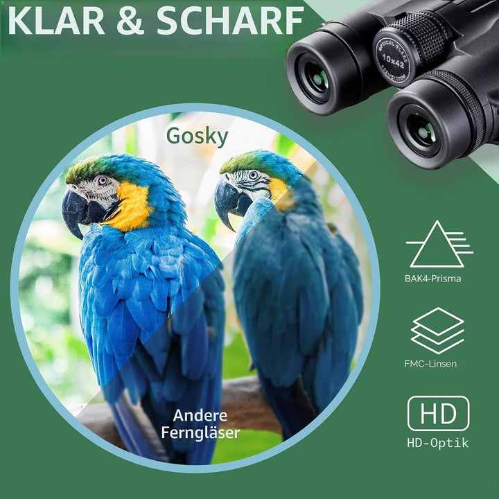 Gosky 10 x 42 Fernglas für Erwachsene, professionelles HD Fernglas, Fernglas für Vogelbeobachtung, R
