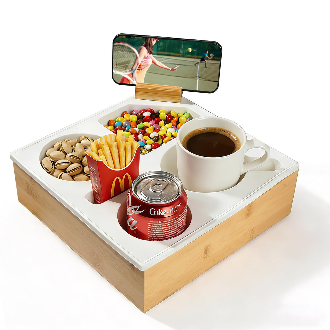 VINATO Couchtisch mit Snackbox, 360° drehbarer Handyhalter, Getränkehalter & Staufächern – Aus Bambu