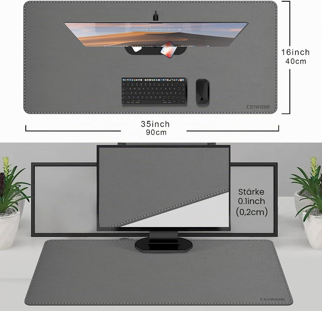 CENNBIE Schreibtischunterlage Leder 90 x 40cm, Extra grosse Tischunterlage, erweitertes PU-Leder Mau