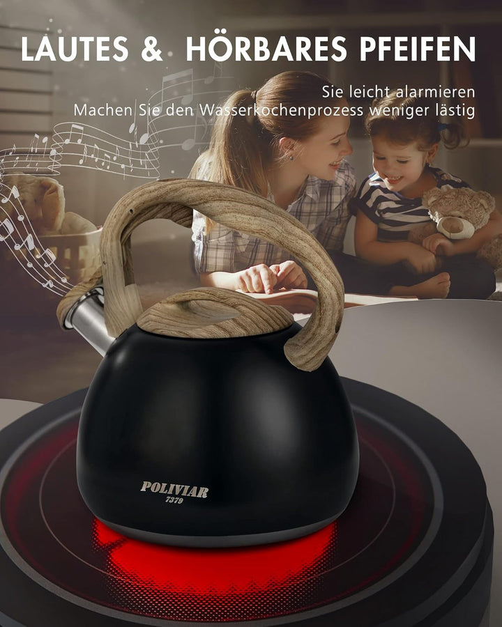 Poliviar Moderne Wasserkessel Induktion Pfeifkessel aus Edelstahl, Teekessel für alle Kochplatten, F