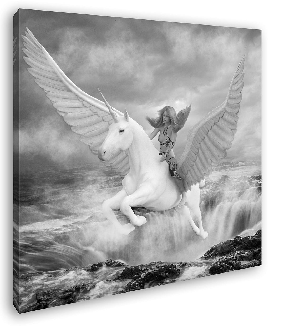 Frau auf dem edlen Pegasus Format: 60x60 Effekt: Schwarz&Weiss als Leinwandbild, Motiv fertig gerahm