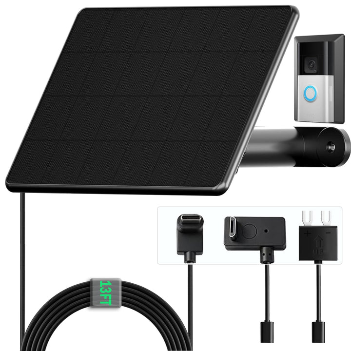 6W Solarladegerät für batteriebetriebene Ring-Türklingeln, 4m Ladekabel, Micro-USB & Type C & Gabel-