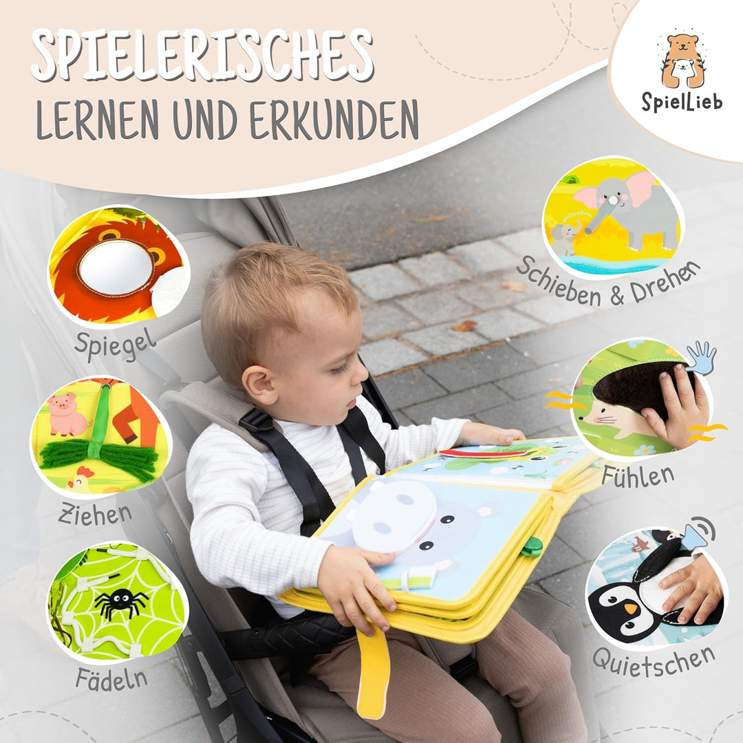 Montessori Quiet Book ab 1 Jahr - interaktives Busy Board ab 1 Jahr mit Tieren - Quiet Book & Motori