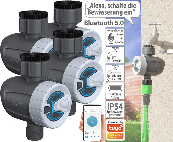 Royal Gardineer Ventil, Bluetooth: 4er-Set smarte programmierbare Bewässerungscomputer mit BT & App