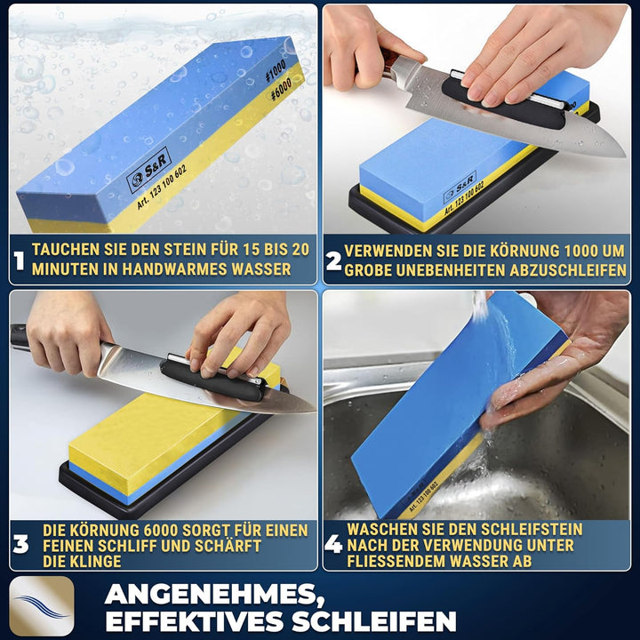 S&amp;R Praktisches Schleifstein-Set 4-tlg, Doppelseitiger Schruppstein, Abziehstein Körnung 1000/6000,