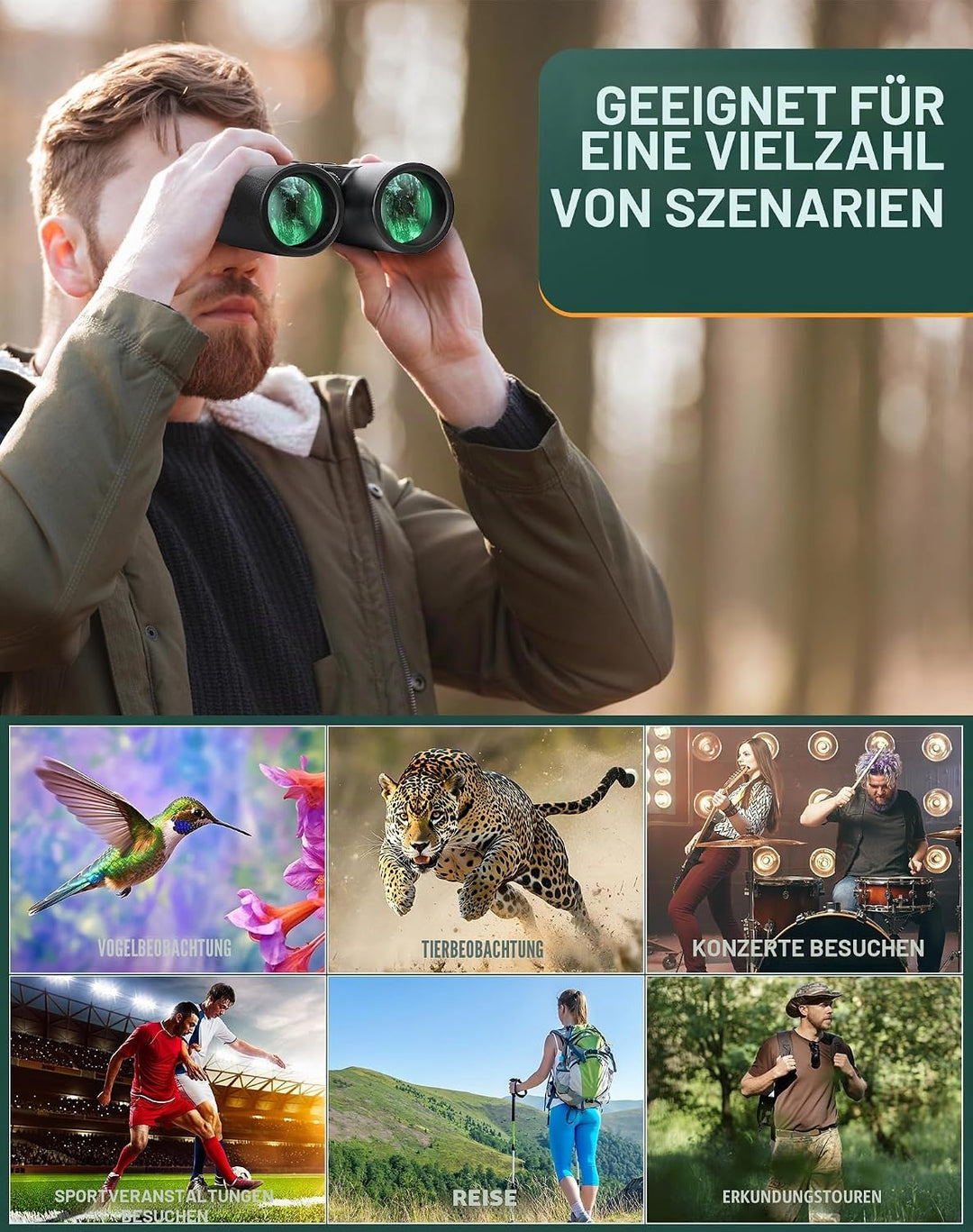 Fernglas Testsieger 10x42, Hochleistungs Vergrösserung Ferngläser, helle und klare Sichtbereich, für