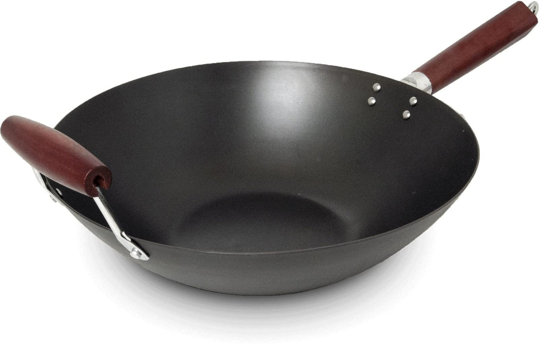Yoaxia ® - [ Black Carbon Steel Wok Ø 35cm flacher Boden Kohlenstoffstahl schwarz 14" / mit zweitem