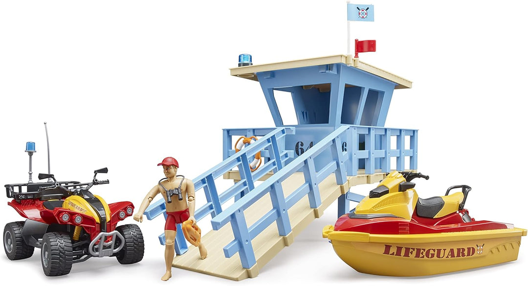 bruder 62780 - Bworld Life Guard Station mit Quad & Personal Water Craft - 1:16 Rettungsschwimmerin