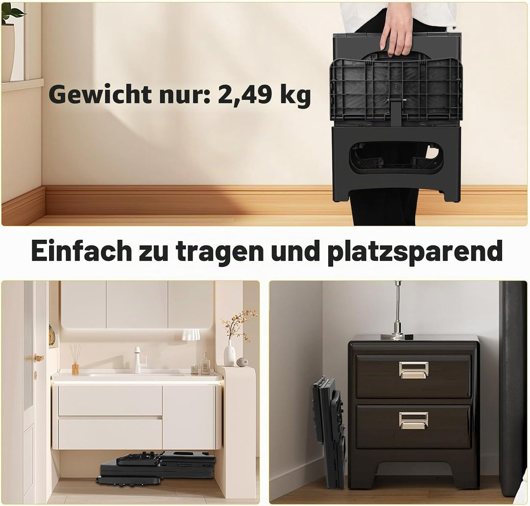 Tritthocker faltbar für Erwachsene, Rutschfester Klapphocker 2-stufig belastbar bis 180KG, Tragbarer