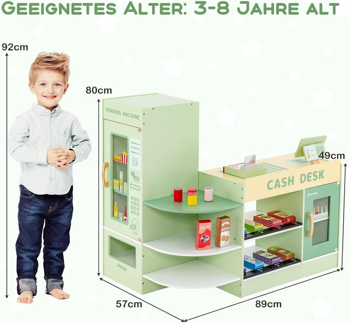 COSTWAY Kinder Kaufladen, Kaufmannsladen aus Holz mit Seitentheke, Supermarkt-Set mit Kasse, POS-Mas