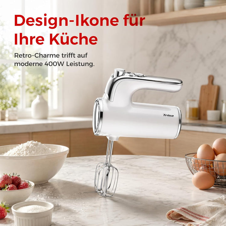 Trisa Handrührgerät - 6 Geschwindigkeiten mit Turbo, Langsamer Start, Chrom-Design, Edelstahl Rührbe