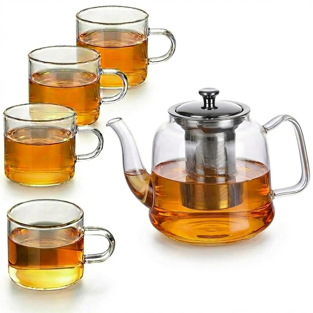 Grosse Teekanne Set aus Glas 1,5 Liter mit Siebeinsatz – Spülmaschinenfestes Teeset mit 4 Tassen für