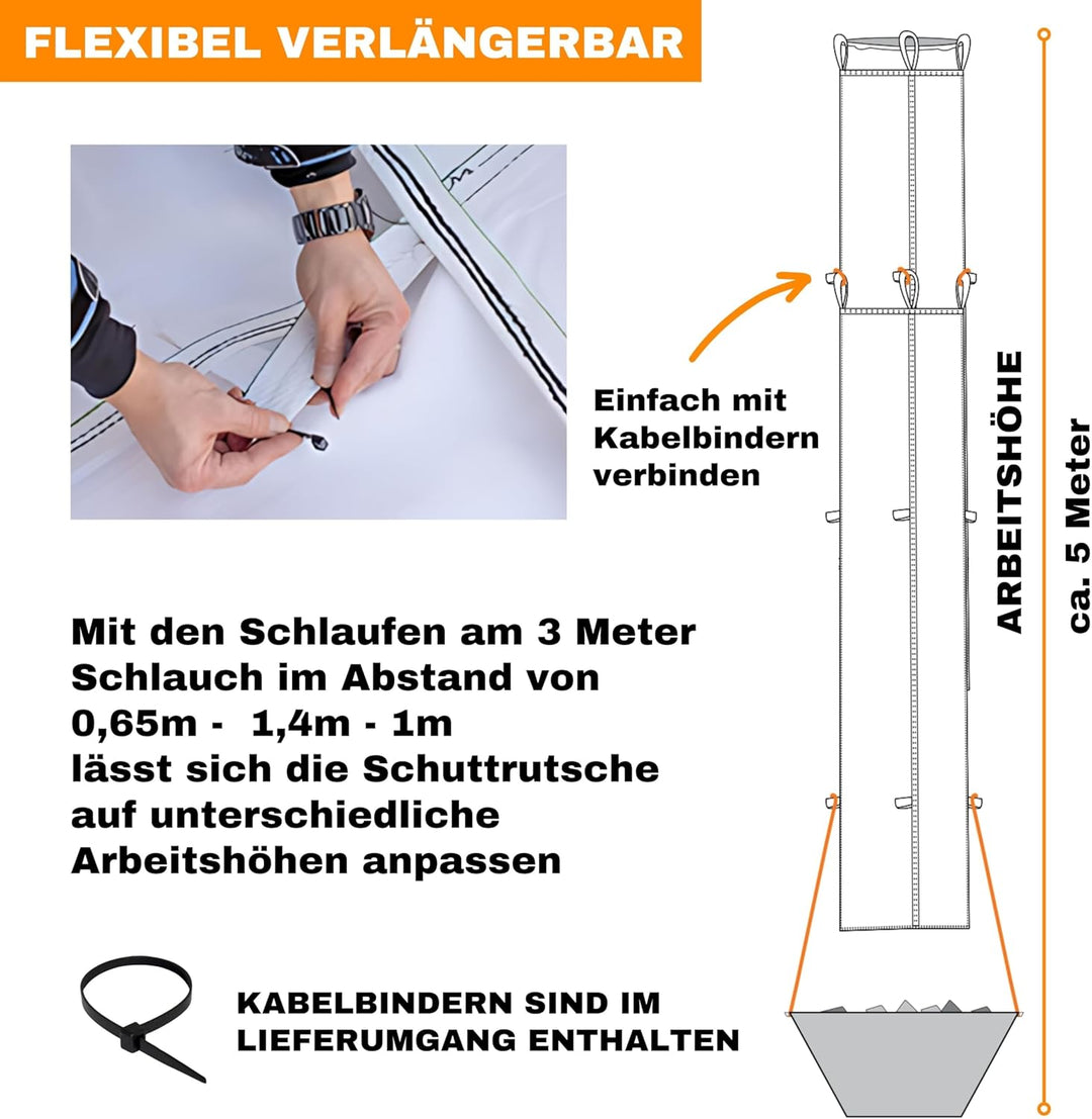 6m flexible Bauschuttrutsche/Stortslurf/inkl. Einfülltrichter, 4x Spanngurt und 20 Säcke/Schuttrohr