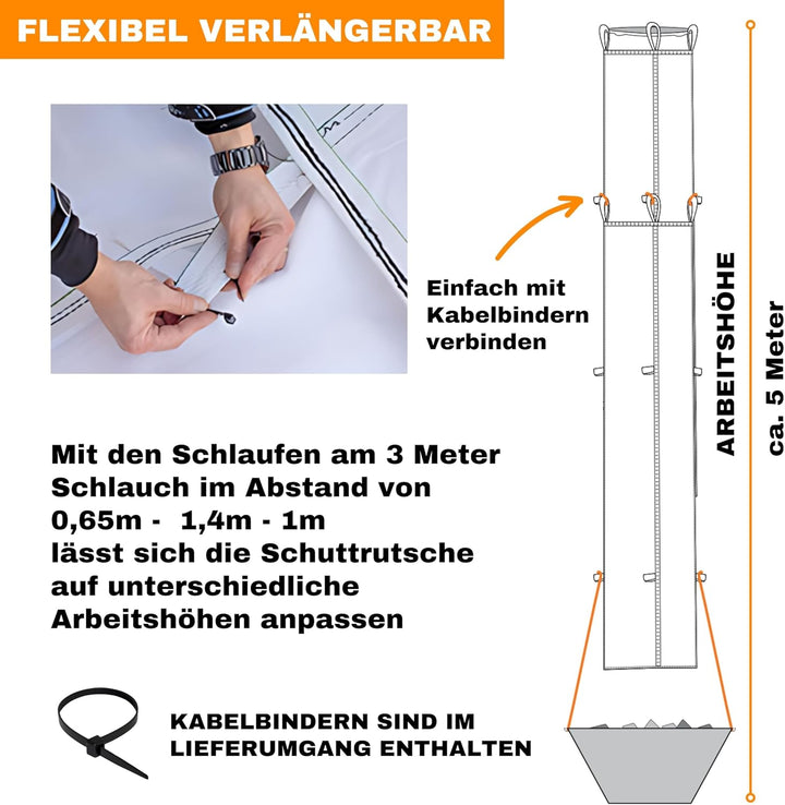 6m flexible Bauschuttrutsche/Stortslurf/inkl. Einfülltrichter, 4x Spanngurt und 20 Säcke/Schuttrohr