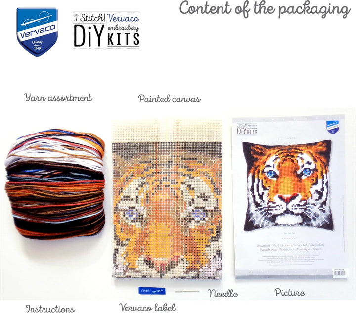 Vervaco Kreuzstichkissen Tiger Kreuzstichpackung, Stramin, Weiss, 40 x 40 x 0,30 cm