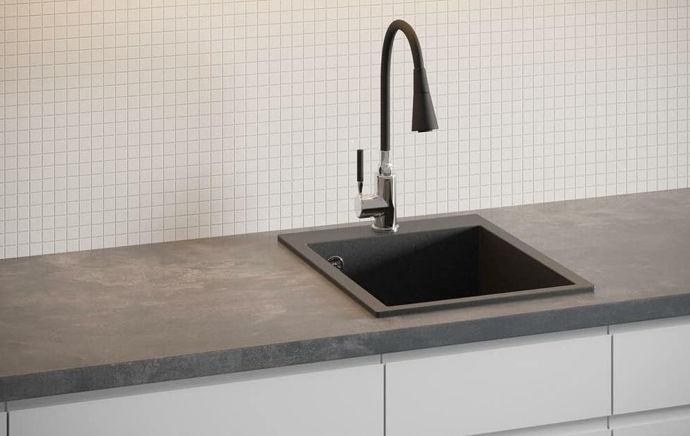 VBChome Spülbecken 48 x 39 cm Einzelbecken Schwarz Granit Rechteckig Einbauspüle Gesprenkelt Grosses