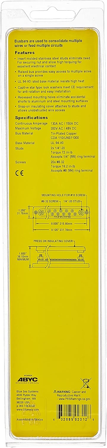 Blue Sea Systems Mini-Sammelschiene, 100 A, 1 Stück 150a, 20 Schrauben mit Abdeckung, 150a, 20 Schra