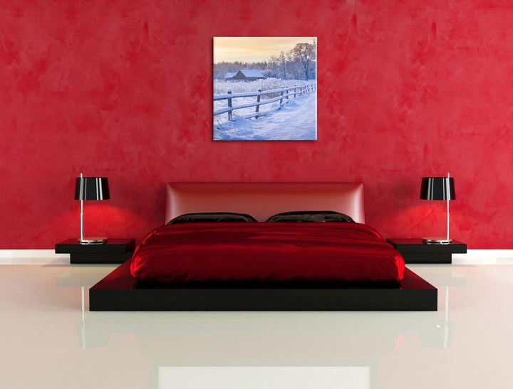 Pixxprint Hütte im Schnee, Format: 70x70 auf Leinwand, XXL riesige Bilder fertig gerahmt mit Keilrah