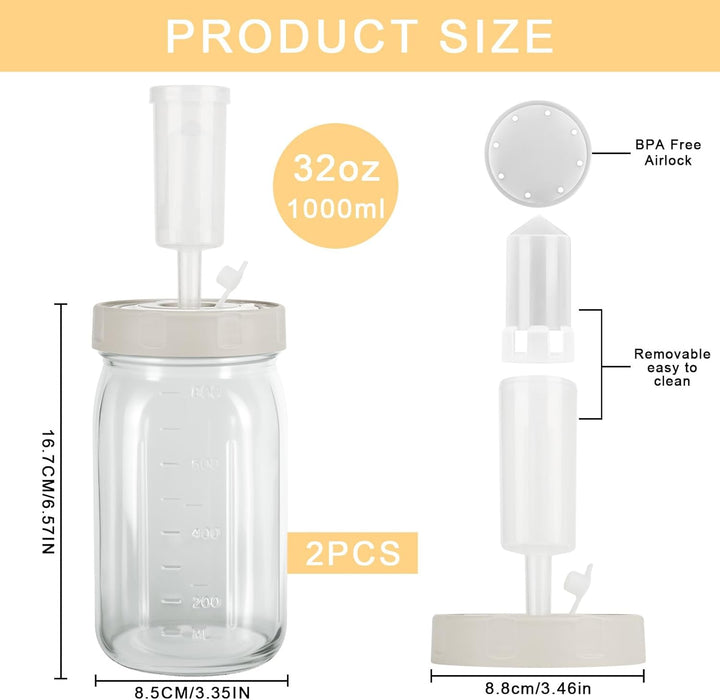 2 Stück Fermentierglas, 1L Fermentationsglas mit Luftschleuse und Datumsaufzeichnung für Sauerkraut