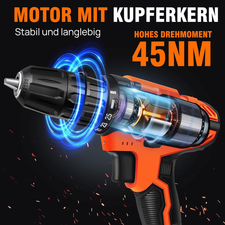 21V Akkuschrauber Set, 45NM Max Akku bohrschrauber mit 2x2000mAh Akkus und Ladegerät, 25+1 Drehmomen