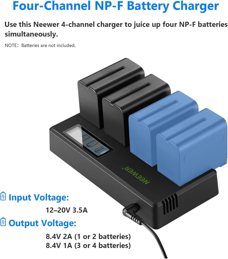 NEEWER 4-Kanal-NP-F-Akkuladegerät mit LCD-Display, kompatibel mit Sony NP-F550 F570 F750 F770 F930 F