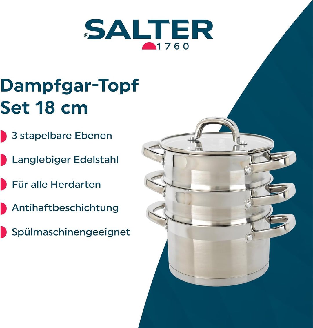 Salter Timeless 3-stufiger Dampfgarer – 18 cm stapelbare Kochtöpfe aus Edelstahl, mit Griffen & gehä